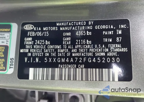 2015 Kia Optima Lx z USA, uszkodzony, nr VIN 5XXGM4A72FG452030